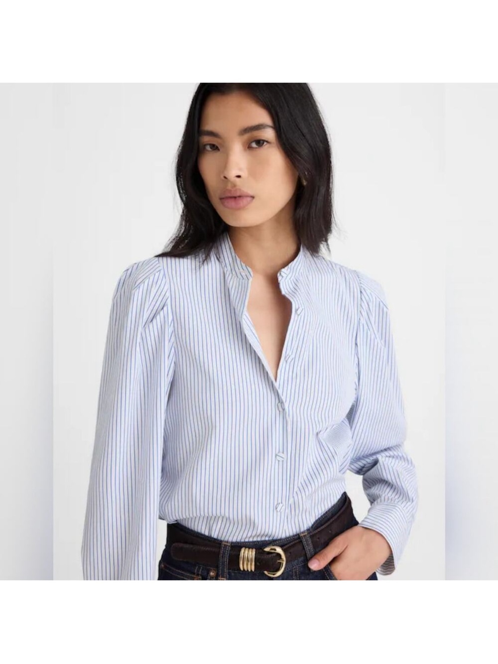 Madewell Puff Sleeve Button Up Shirt Hydrangea Blue White Stripe Top Size Medium - Picture 2 of 8
